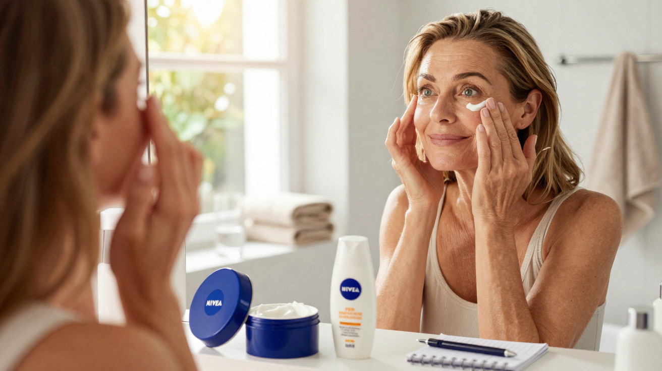 Frau trägt Gesichtspflegecreme auf, sitzt vor Spiegel in hellem Badezimmer mit Nivea-Produkten auf Waschbecken.