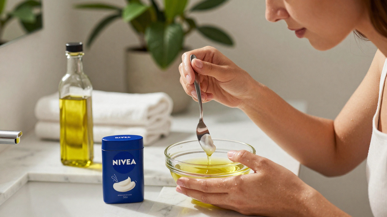 Frau hält Löffel mit Nivea Creme über Glasschüssel mit Öl in heller Küche mit Pflanzen im Hintergrund.