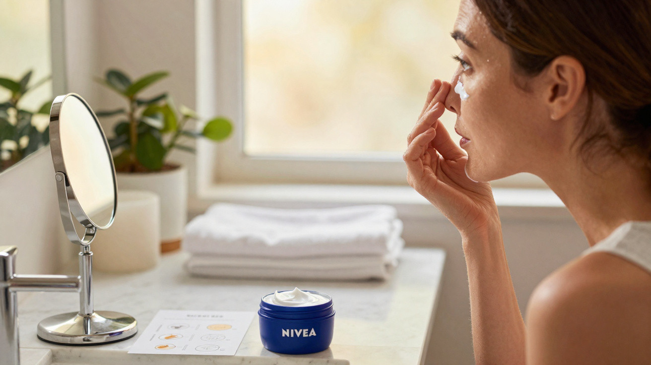 Frau trägt Gesichtscreme von Nivea vor Spiegel auf, Badezimmer mit weißen Handtüchern und Pflanzen.