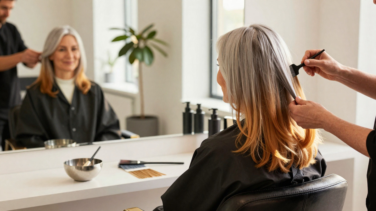 Frau mit grauem und blondem Haar wird im Friseursalon vor Spiegel gefärbt und frisiert.