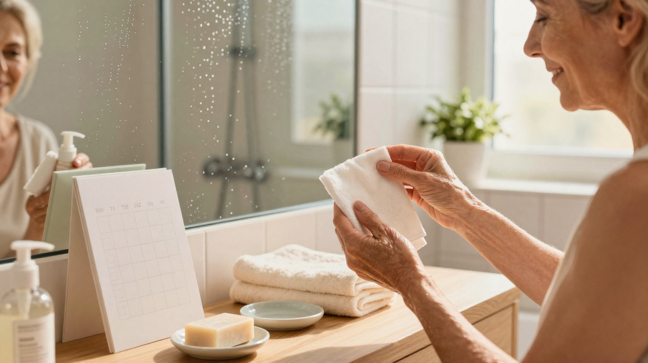 Ältere Frau trocknet sich im hellen Badezimmer nach der Dusche mit einem weißen Handtuch die Hände.
