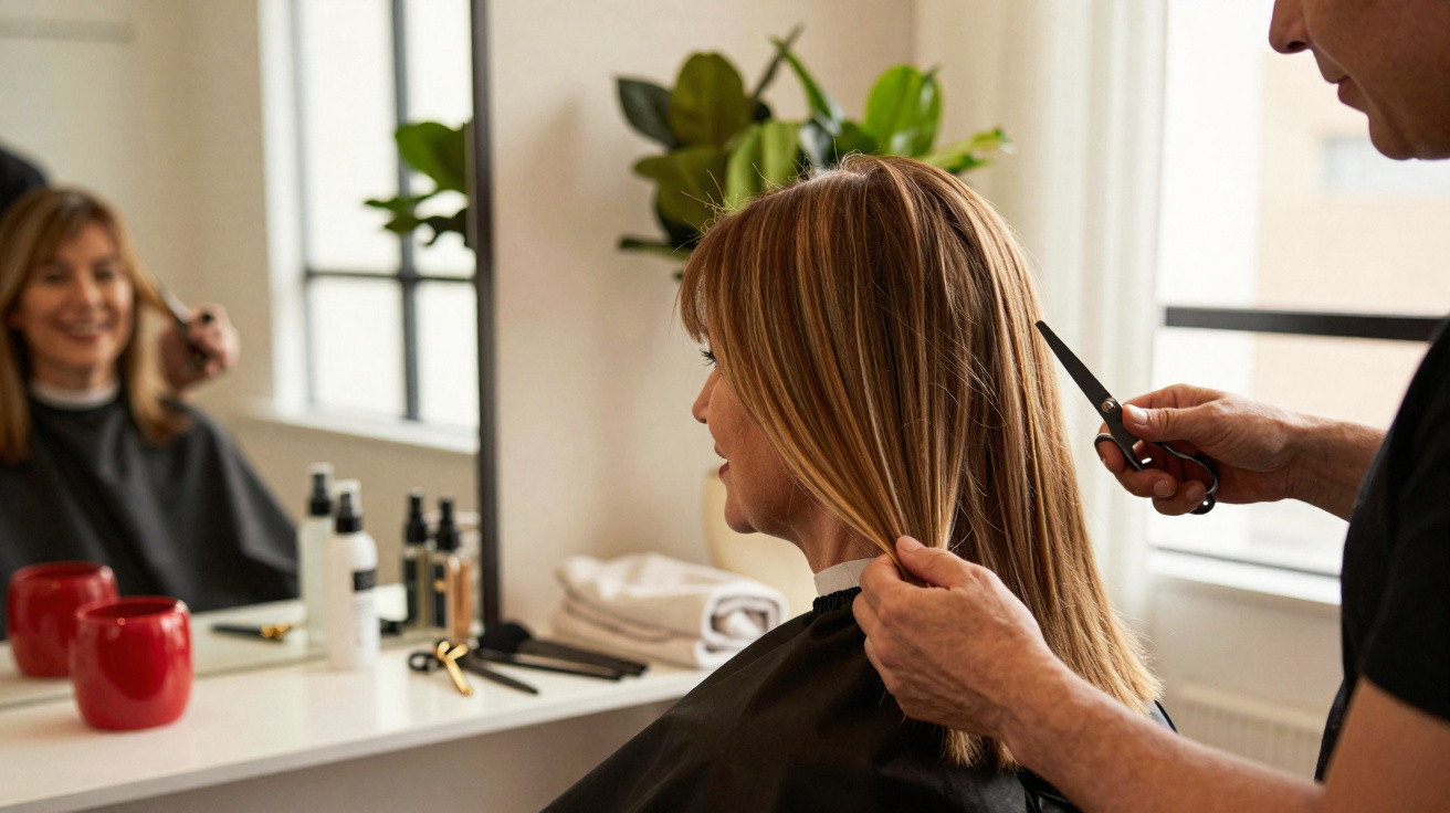 Frau bekommt im Friseursalon einen Haarschnitt, Friseur hält Haar und Schere in der Hand.