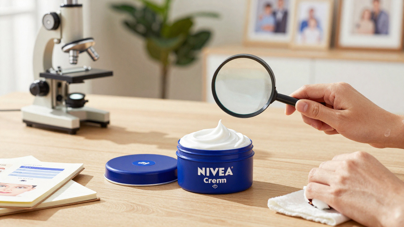 Hand mit Lupe untersucht geöffnete Nivea Creme-Dose auf einem Holztisch mit Mikroskop und Dokumenten.