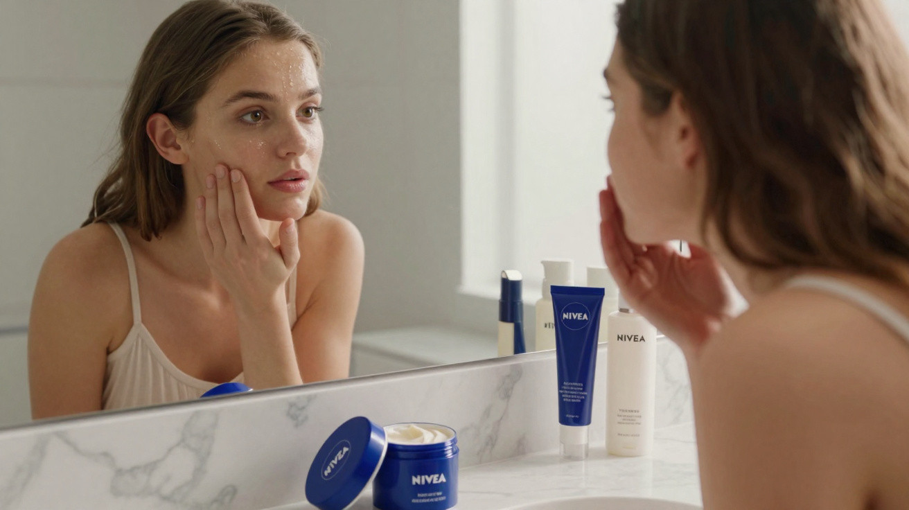Frau betrachtet ihr Gesicht im Spiegel und berührt die Haut, Nivea Hautpflegeprodukte stehen auf der Arbeitsplatte.