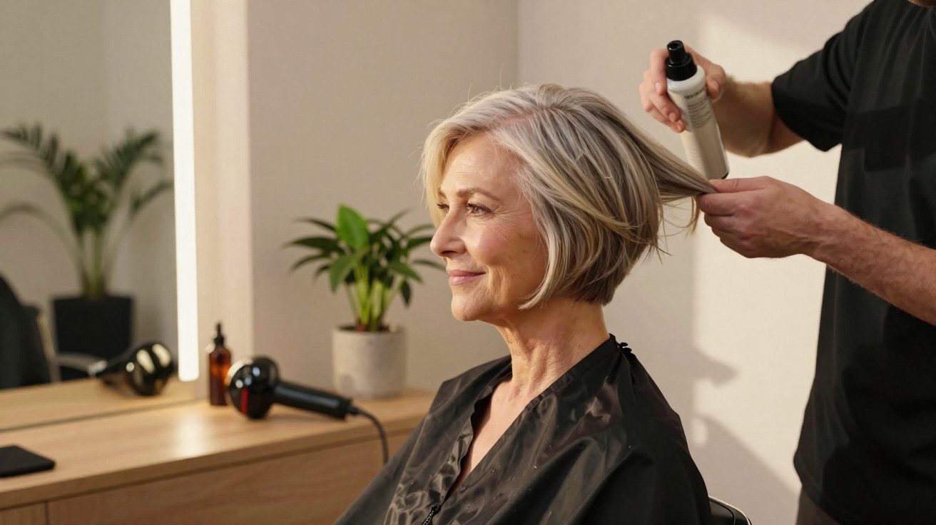 Ältere Frau sitzt beim Friseur, während Friseur ihr kurz geschnittenes Haar stylt.