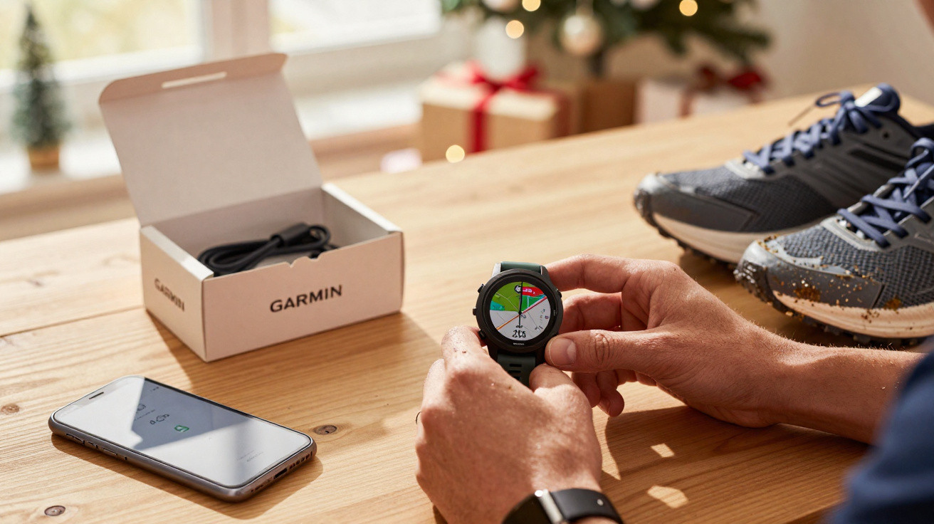 Person hält Garmin-Smartwatch mit Golf-Tracking, daneben liegen Handy, Schuhe und Garmin-Verpackung auf Holztisch.