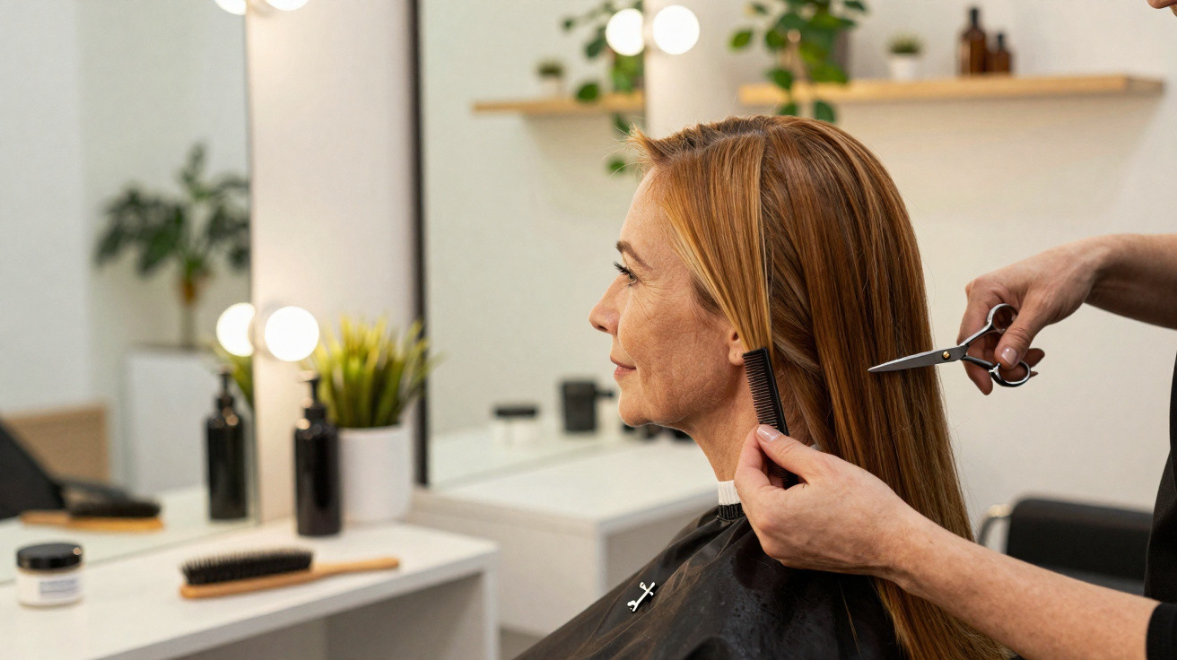 Frau mit roten Haaren bekommt Haarschnitt in modernem Friseursalon vor Spiegel.