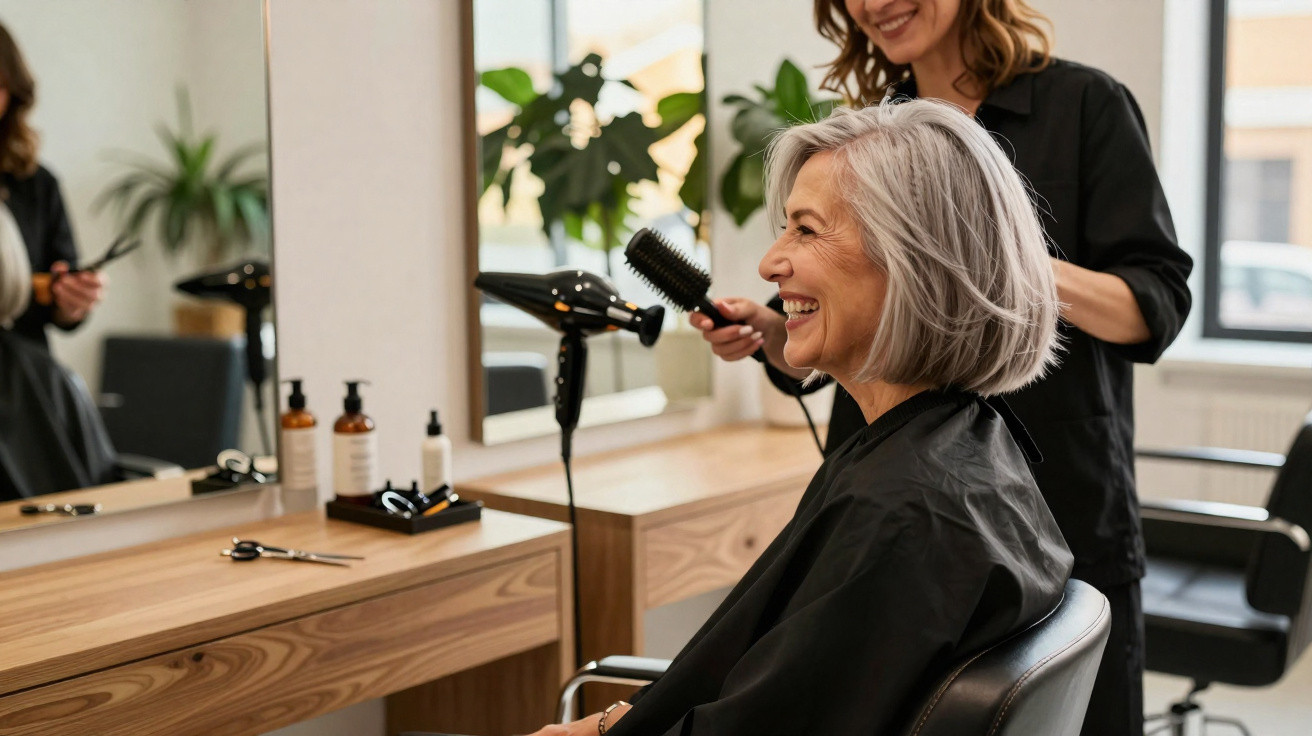 Ältere Frau lächelt beim Friseurbesuch, während Friseurin ihr die Haare föhnt.