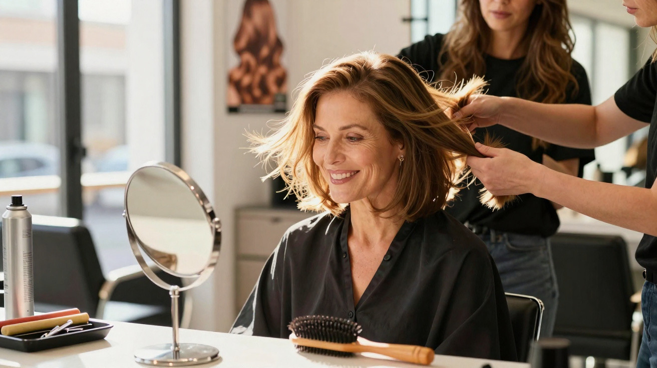 Frau sitzt im Friseursalon, lächelt und bekommt vom Friseur eine Frisur gestylt.