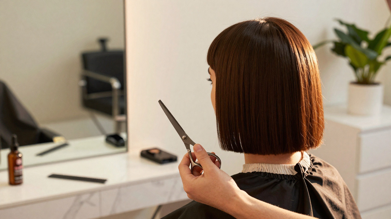 Frau mit kurzem, glattem braunem Haar beim Haarschnitt im Friseursalon, Friseur hält Schere bereit.