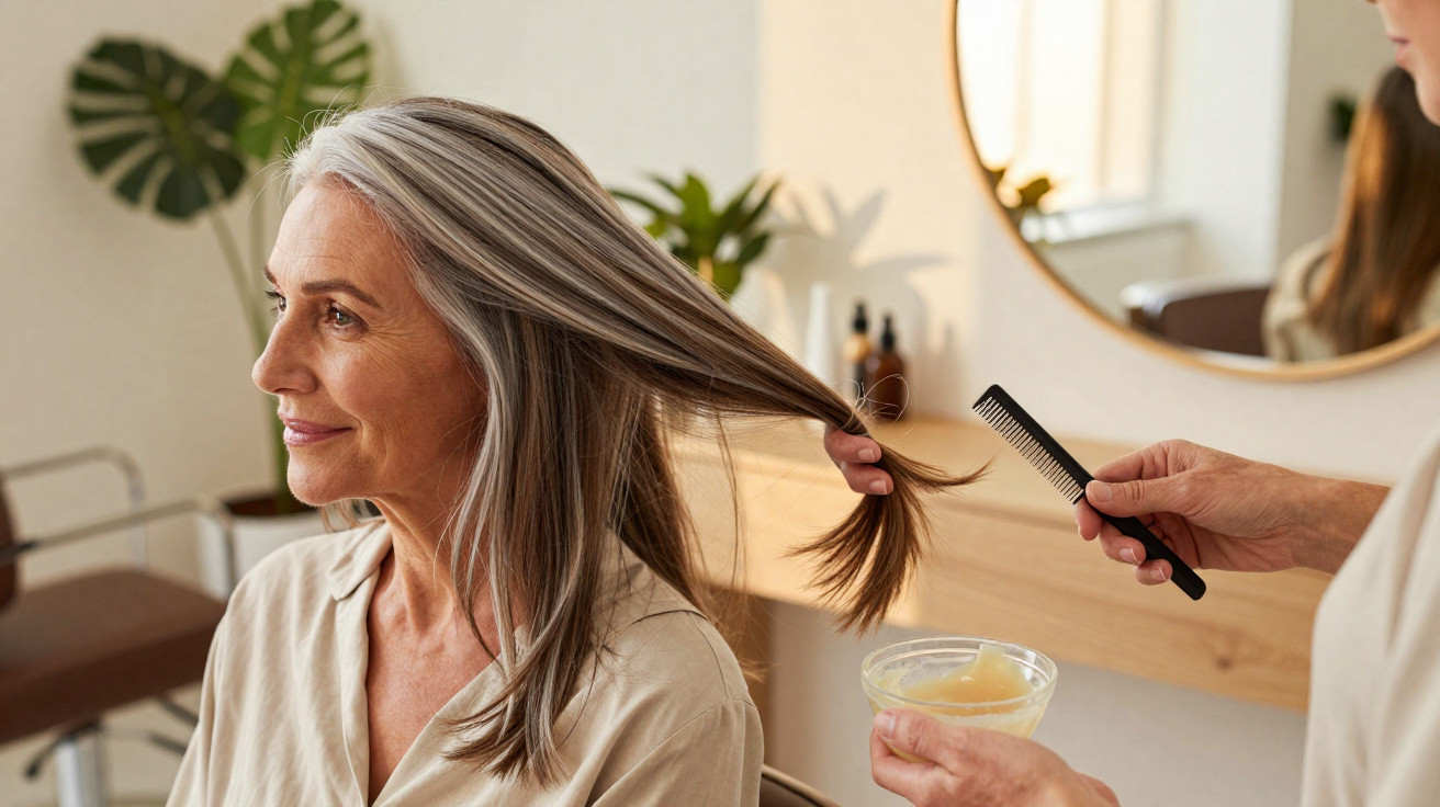 Ältere Frau mit grauen Haaren beim Friseurbesuch, Frisör handhabt ihr Haar und hält einen Kamm und Schale.