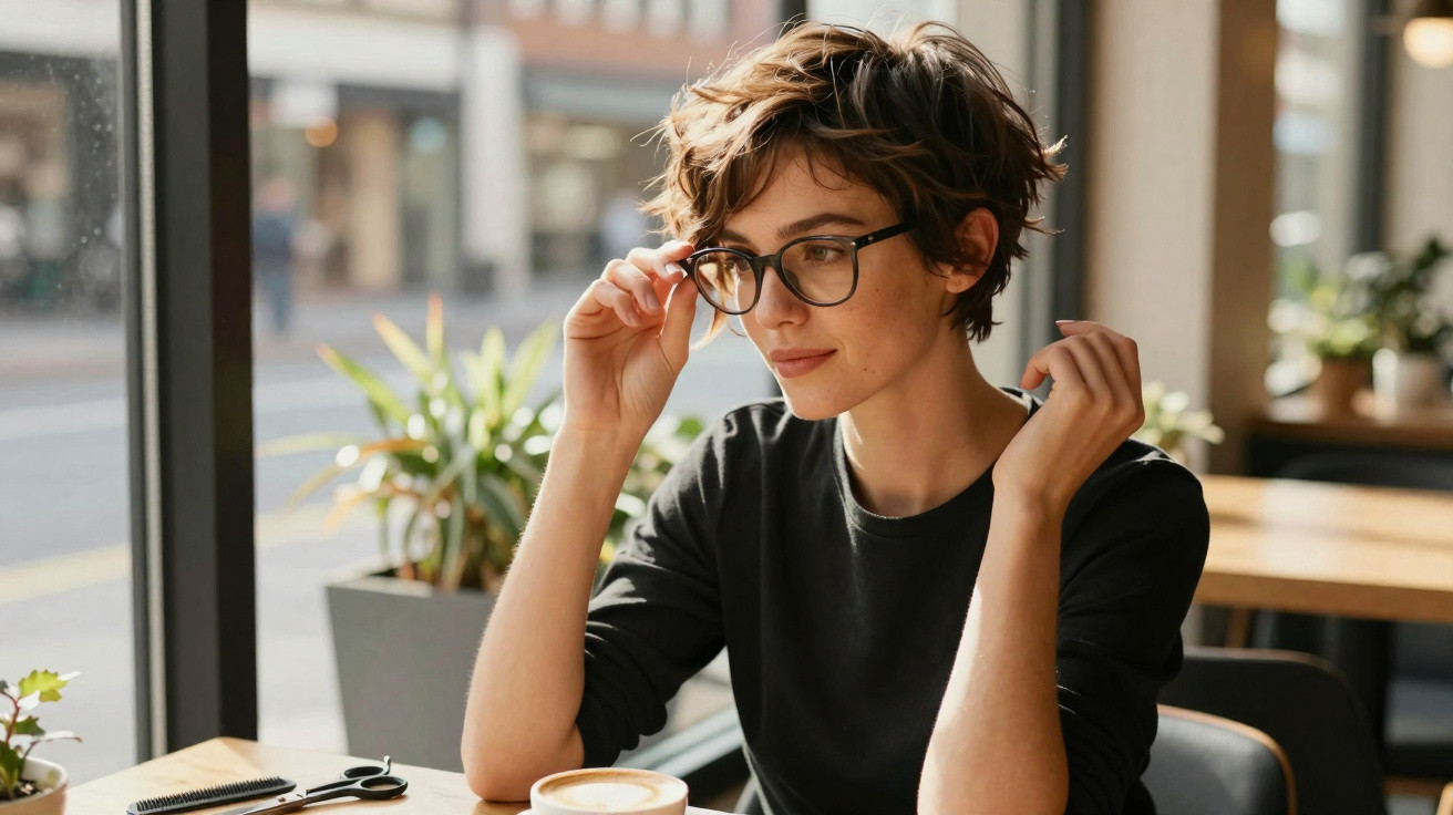 Junge Frau mit kurzer Frisur und Brille sitzt entspannt im Café mit Kaffee vor sich am Fenster.