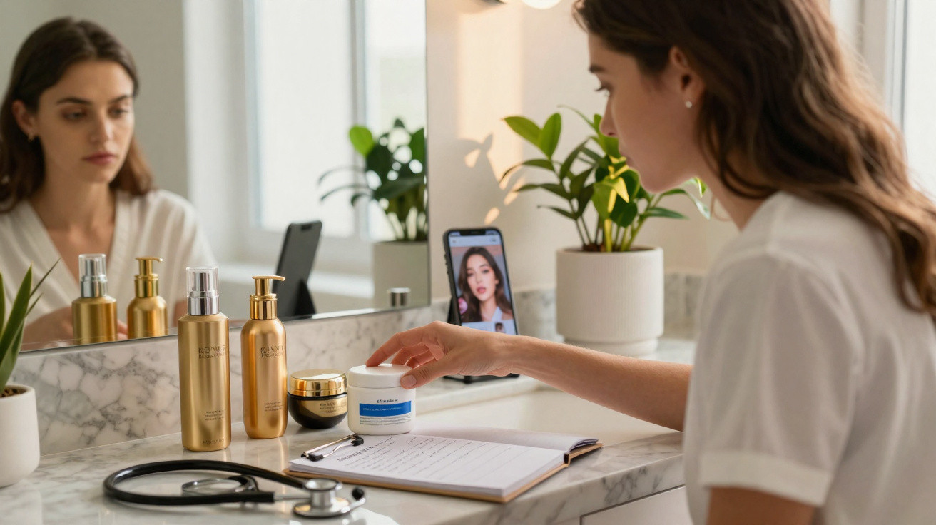 Frau am Schminktisch mit Kosmetikprodukten, Stethoskop und Smartphone mit Videocall im Badzimmer.