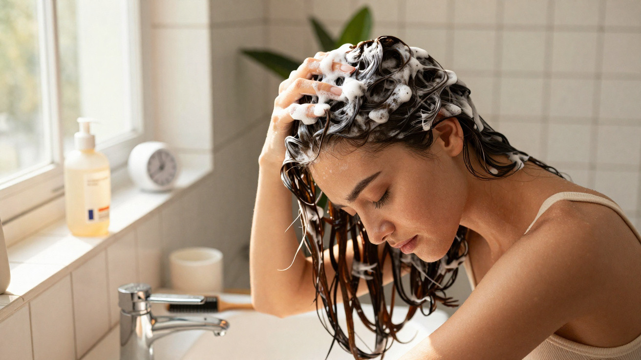 Frau im Badezimmer wäscht sich mit Shampoo schäumend die Haare über dem Waschbecken.
