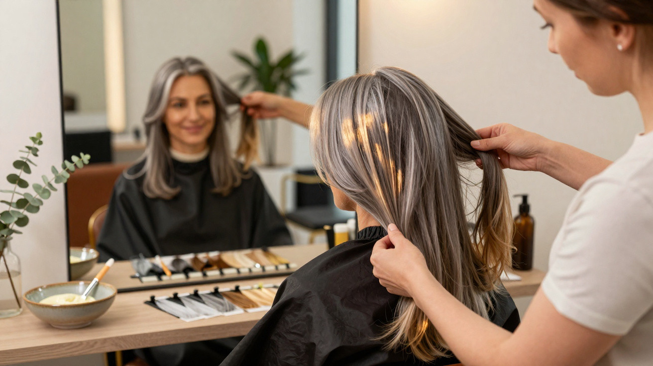 Friseurin begutachtet graue Haare einer lächelnden Frau im Spiegel während des Haarschnitts im Salon.