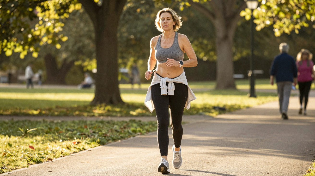 Frau joggt im Sportoutfit auf einem sonnigen Parkweg mit Bäumen und Spaziergängern im Hintergrund.