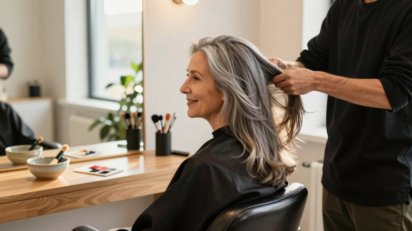 Ältere Frau mit grauen Haaren sitzt im Friseurstuhl, Friseur stylt ihre Haare in hellem Salon.