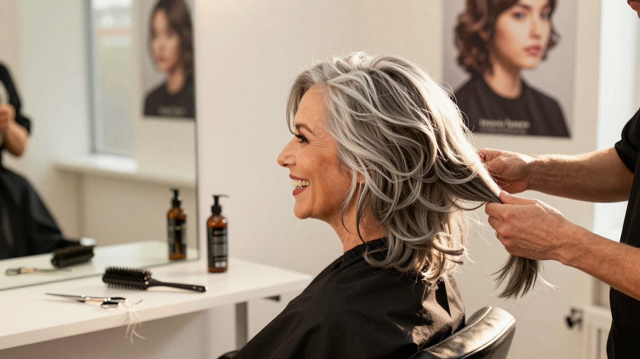 Ältere Frau mit grauen Haaren sitzt lächelnd im Friseursalon, während Friseur ihr Haar stylt.