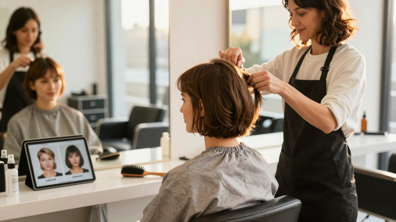 Friseurin schneidet kurzhaarige Kundin im Salon, Frisurenbilder auf Tablet neben Spiegel sichtbar.