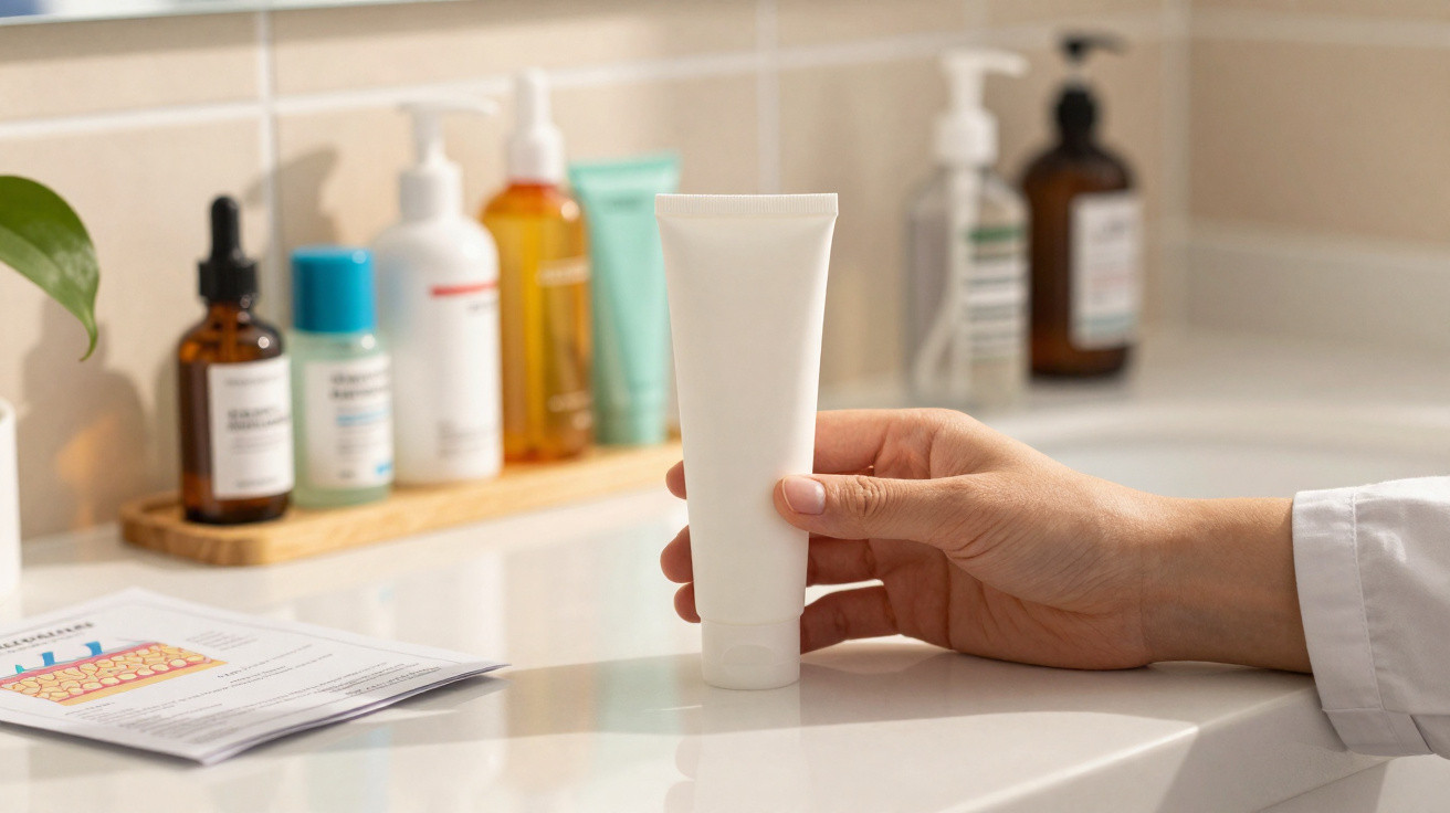 Hand hält weiße Tube vor Badezimmerspiegel mit verschiedenen Hautpflegeprodukten auf Ablage.