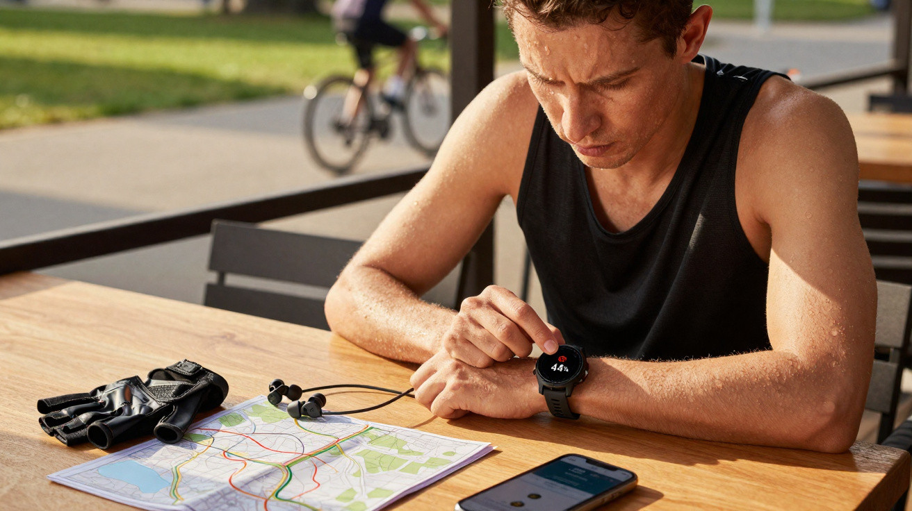 Mann in Sportkleidung überprüft Smartwatch nach dem Radfahren, Karte und Smartphone liegen auf dem Tisch.