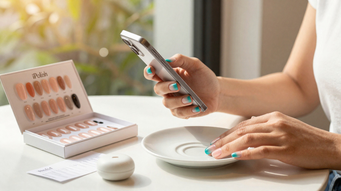 Frau mit türkis lackierten Nägeln hält Smartphone, daneben Nageldesign-Set mit verschiedenen Farben auf Tisch.