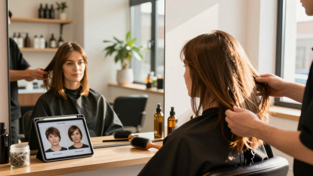 Frau sitzt im Friseursalon, Friseur prüft ihre Haare, Tablet zeigt Haarstil-Optionen im Spiegel.