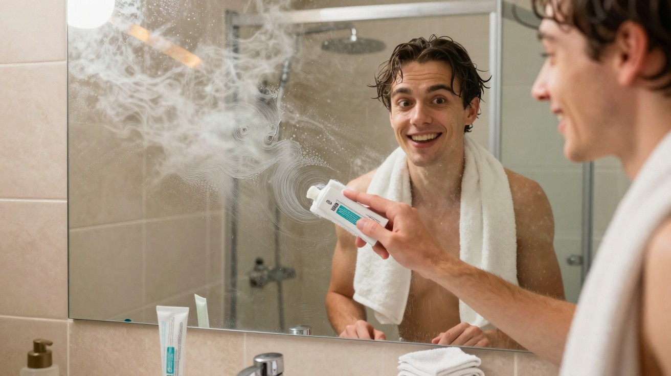 Junger Mann mit Handtuch sprayt ein Produkt auf den beschlagenen Badezimmerspiegel, lächelt.