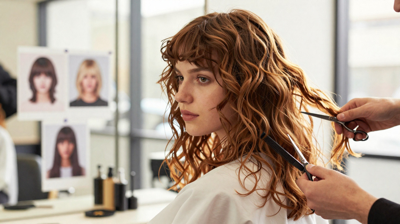 Frau mit lockigem roten Haar erhält Haarschnitt im Friseursalon vor Spiegel mit Frisurenfotos im Hintergrund.
