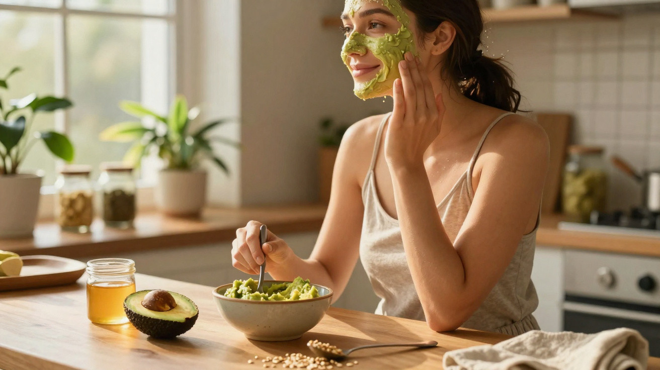 Frau trägt Avocado-Gesichtsmaske auf und isst Avocadocreme in heller Küche am Holztisch.