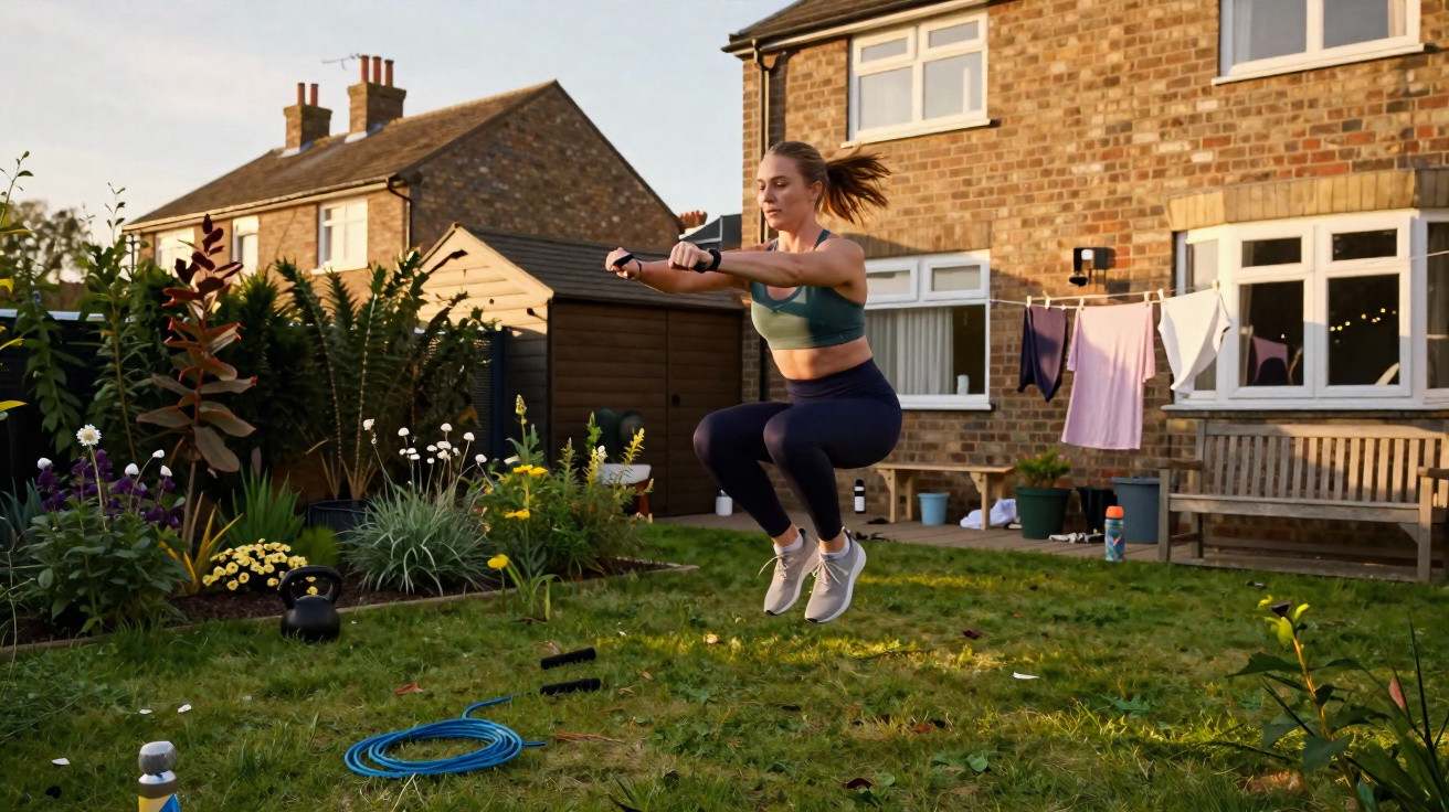 Frau springt beim Fitnesstraining im Garten eines Reihenhauses, umgeben von Pflanzen und Sportgeräten.