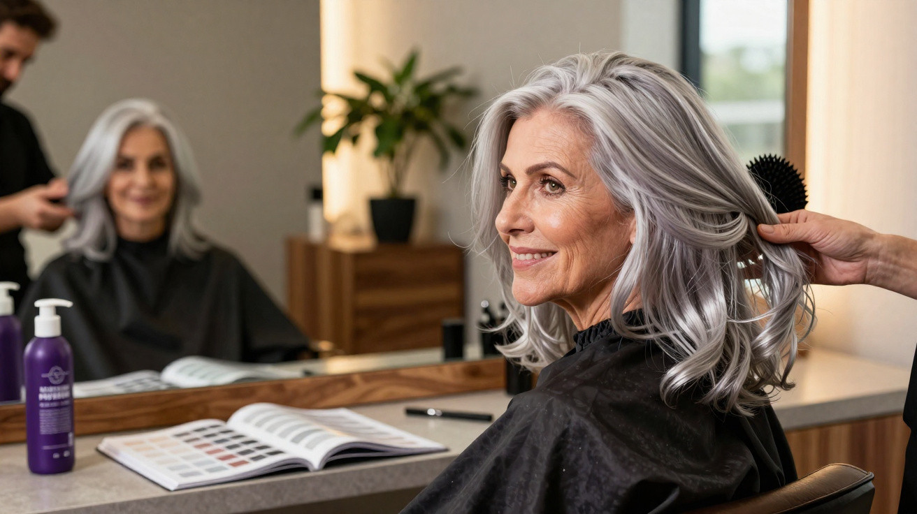 Ältere Frau mit grauen Haaren wird im Friseursalon gekämmt, lächelt vor Spiegel.