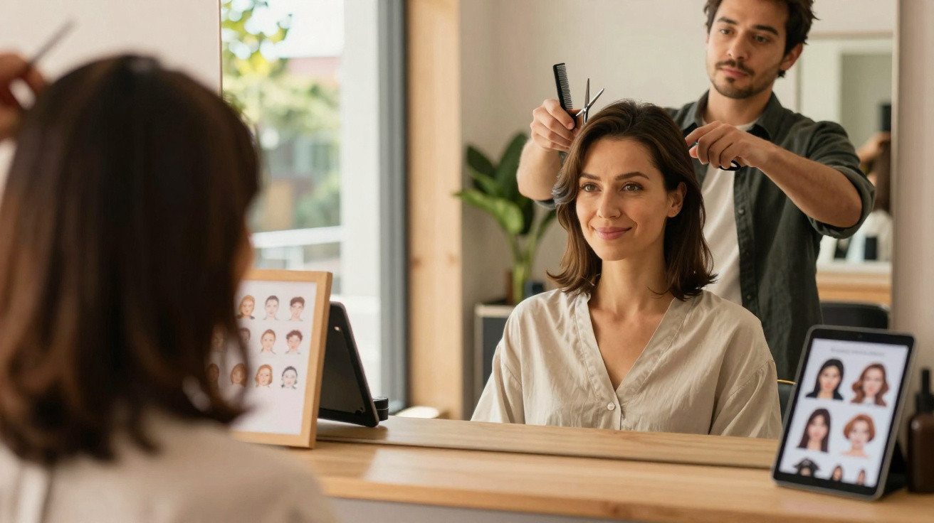 Frau bekommt beim Friseur einen Haarschnitt, Friseur schneidet vorsichtig ihre dunklen Haare.