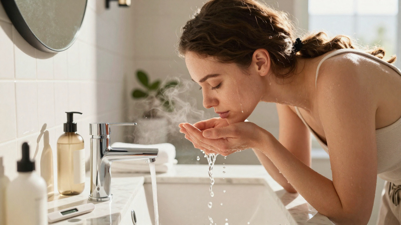 Frau wäscht ihr Gesicht mit Wasser am Waschbecken in einem gut beleuchteten Badezimmer.