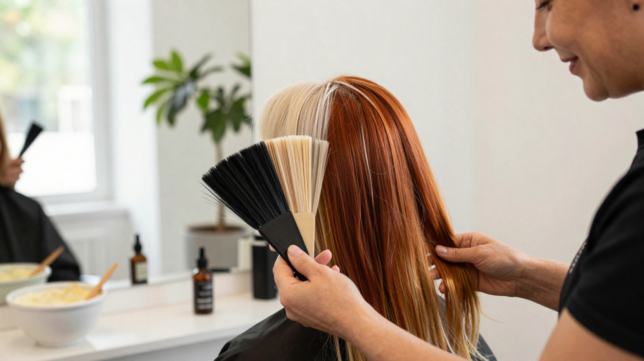 Friseurin zeigt Farbmustertafeln an rot-blonden Haaren einer Kundin im Salon vor Spiegel.