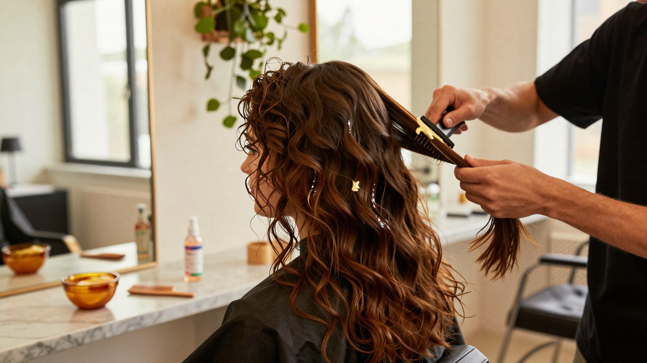 Person mit langen, lockigen Haaren wird im Friseursalon mit einer glättenden Bürste behandelt.