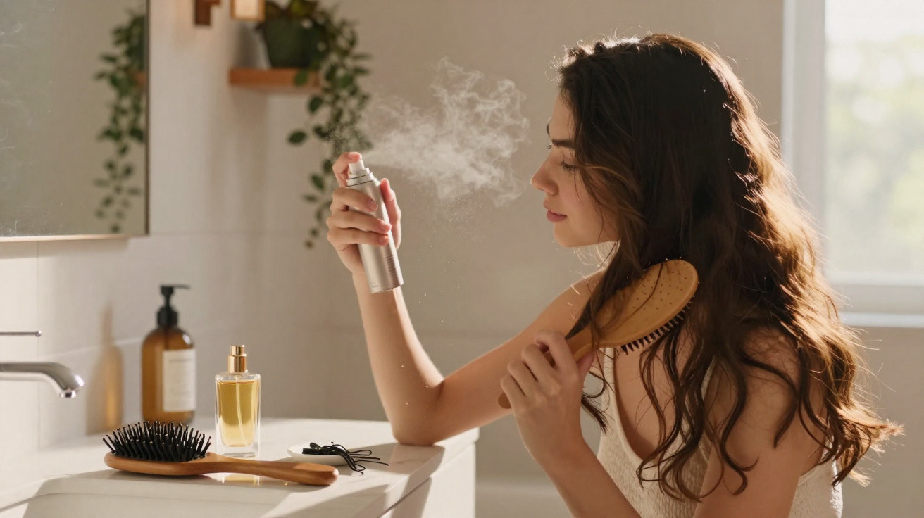 Frau sprüht Haarspray auf ihr langes Haar und hält eine Holzbürste im Badezimmer.