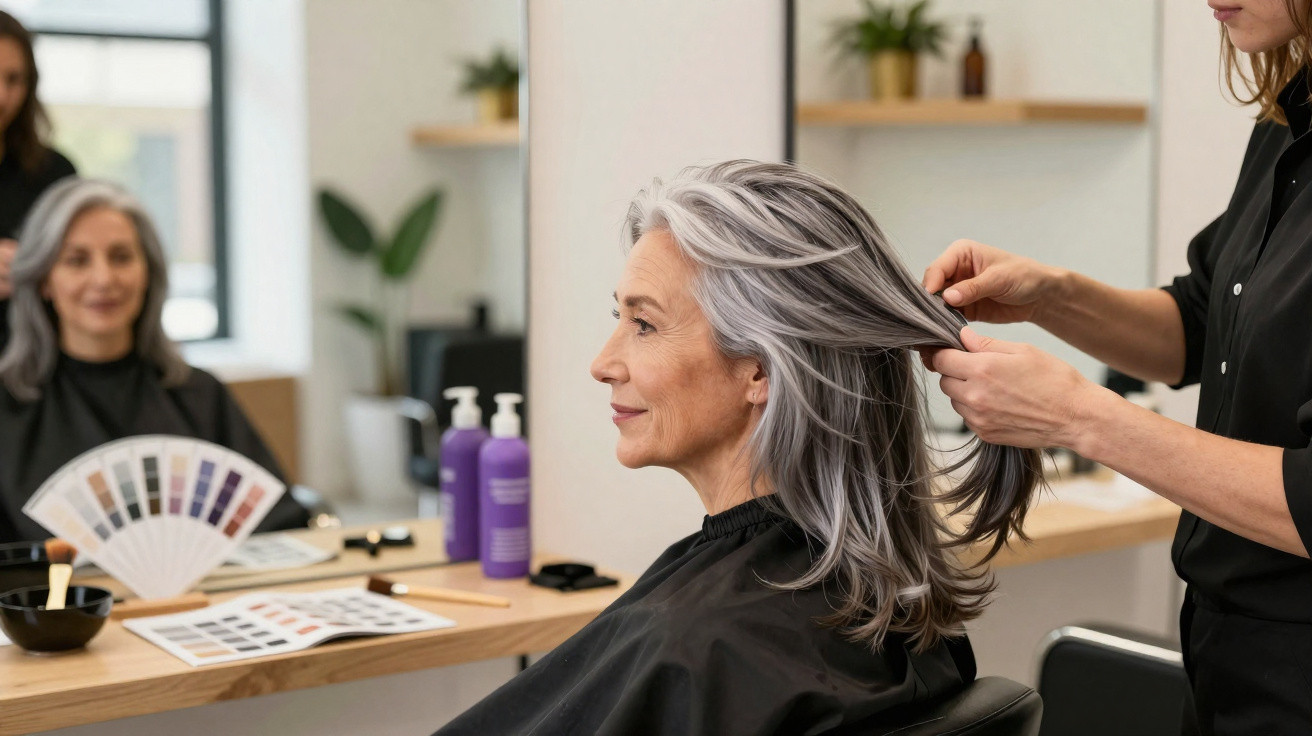 Ältere Frau mit grauen Haaren sitzt im Friseursalon, während Friseurin ihr Haar stylt.
