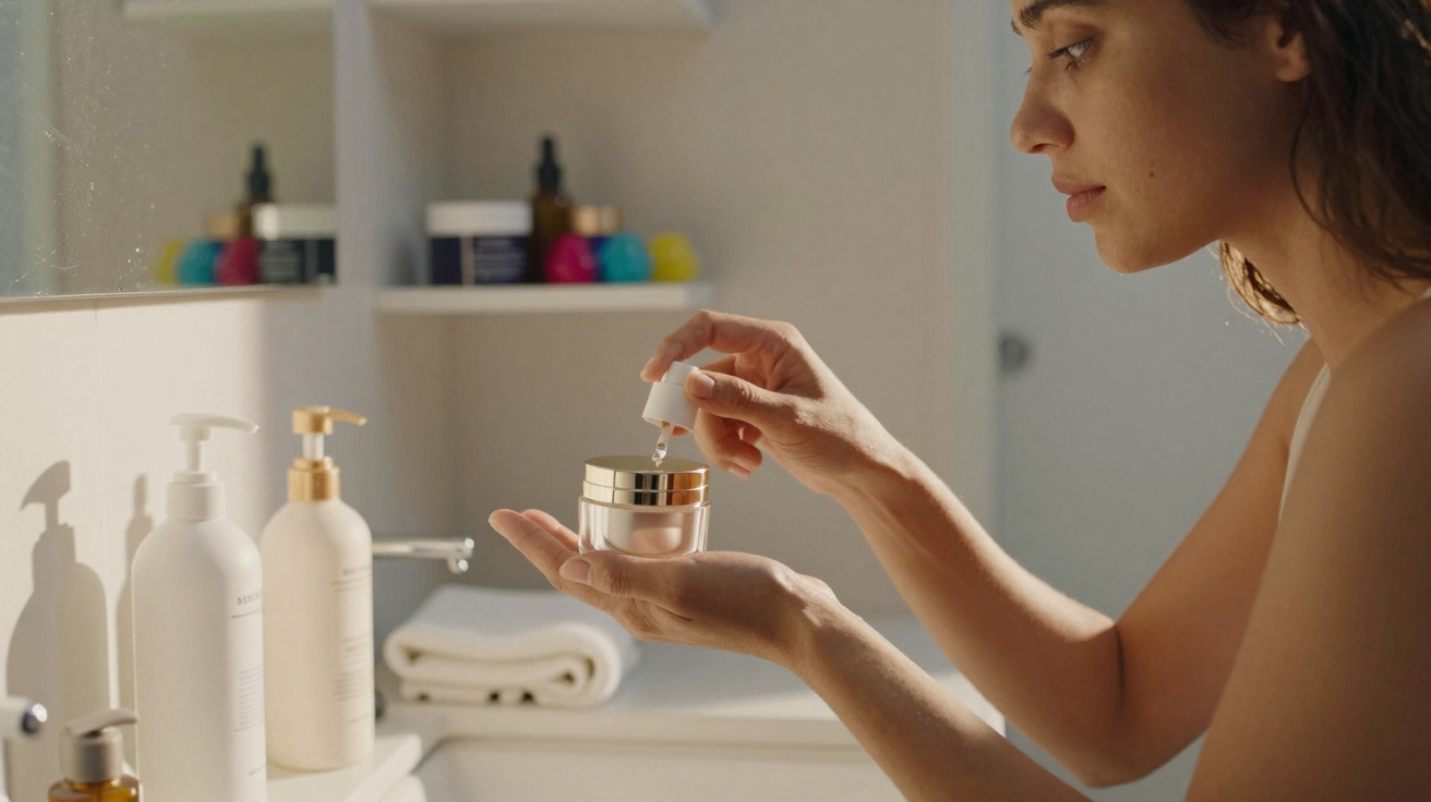 Frau im Badezimmer entnimmt Creme aus einem Tiegel, Kosmetikprodukte und Handtuch im Hintergrund sichtbar.