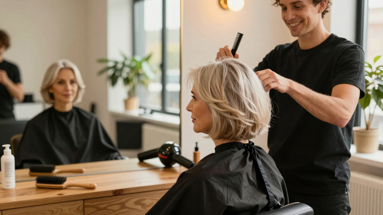 Friseurin stylt den kurzen blonden Bob einer Kundin im hellen Friseursalon mit Spiegel und Holztisch.