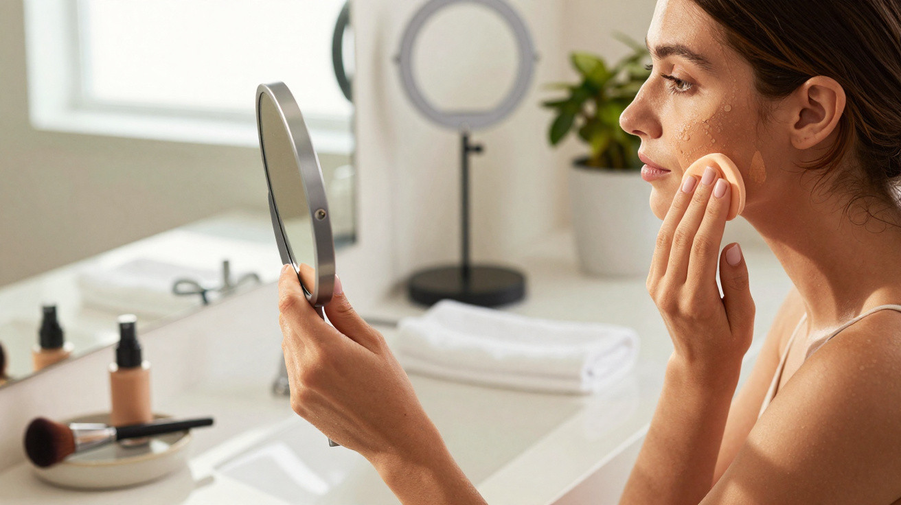 Frau trägt Make-up im Badezimmer auf, hält Handspiegel und Make-up-Schwamm an Gesicht.
