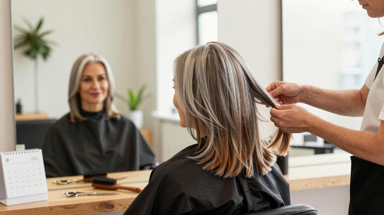 Frau mit schulterlangem grauem Haar beim Friseur, der ihr Haare im Salon stylt.