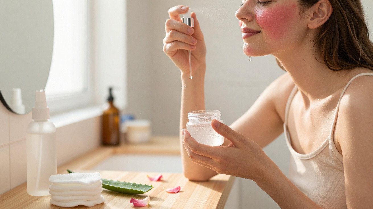 Frau trägt Serum mit Pipette auf die Haut auf, Aloe Vera und Wattepads liegen auf dem Tisch im Bad.
