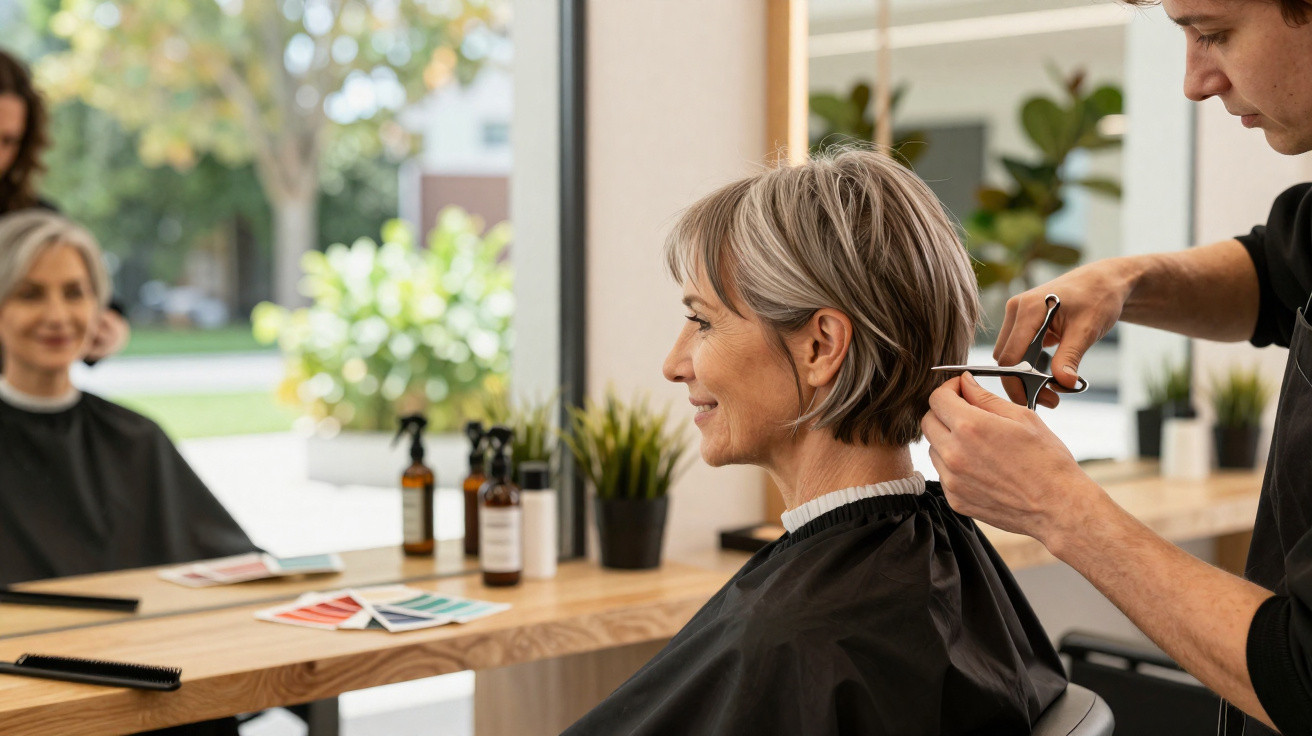 Ältere Frau bekommt einen kurzen Haarschnitt beim Friseur in einem hellen Salon mit Pflanzen und Spiegel.