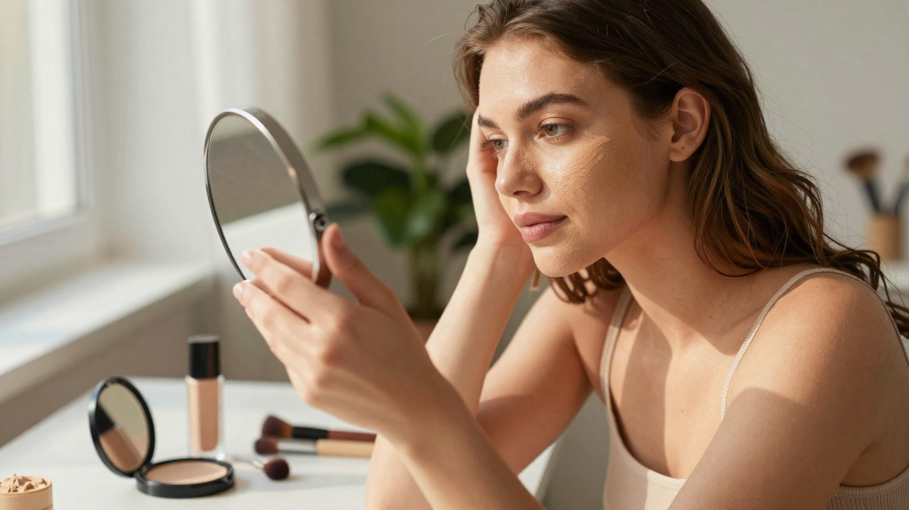 Frau betrachtet sich im Handspiegel während sie Make-up im hellen Raum aufträgt.