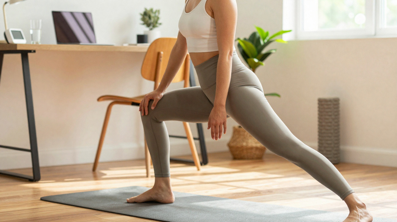 Frau in Sportkleidung macht Dehnübungen auf Yogamatte in hellem, modernem Wohnzimmer.