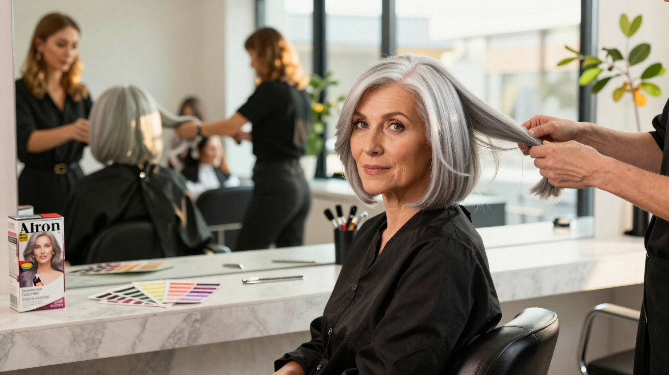 Ältere Frau mit grauen Haaren sitzt im Friseursalon, während Stylistin ihr Haar am Spiegel betrachtet.