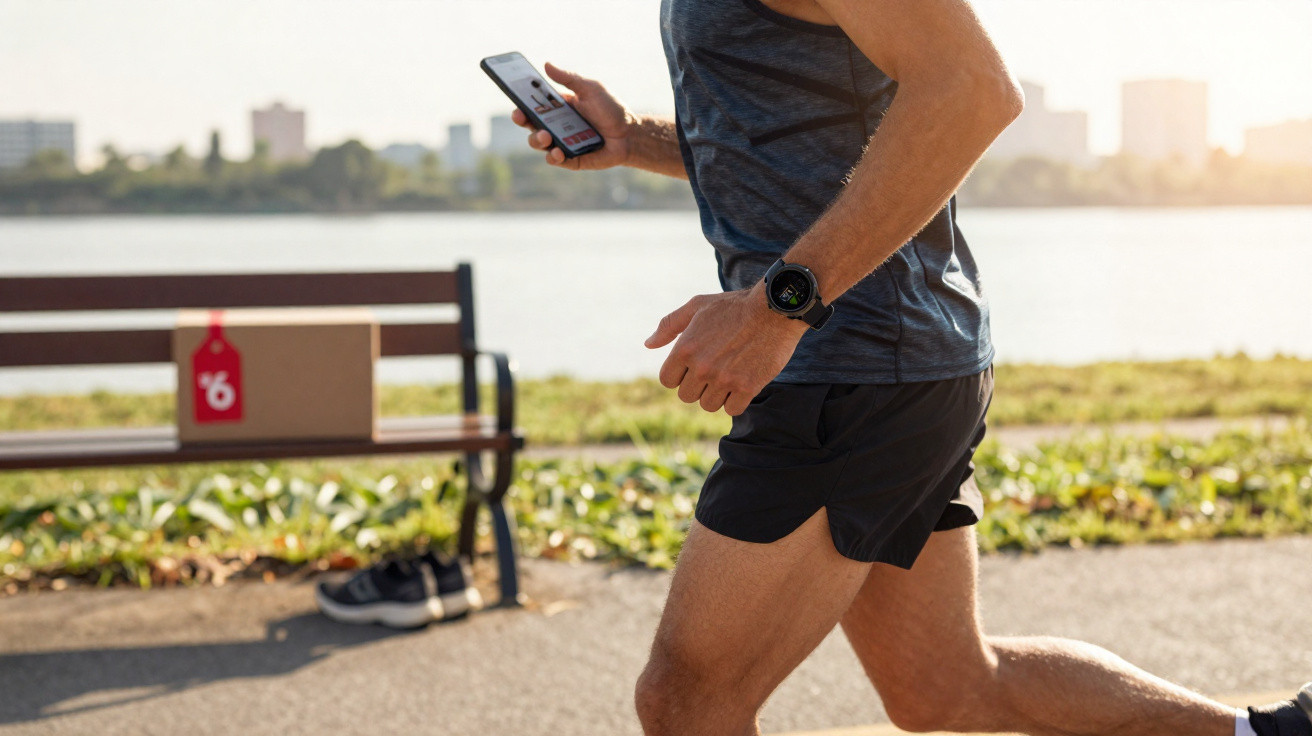 Mann joggt am Flussufer, trägt Sportuhr und hält Smartphone in der Hand, im Hintergrund Bank mit Karton.