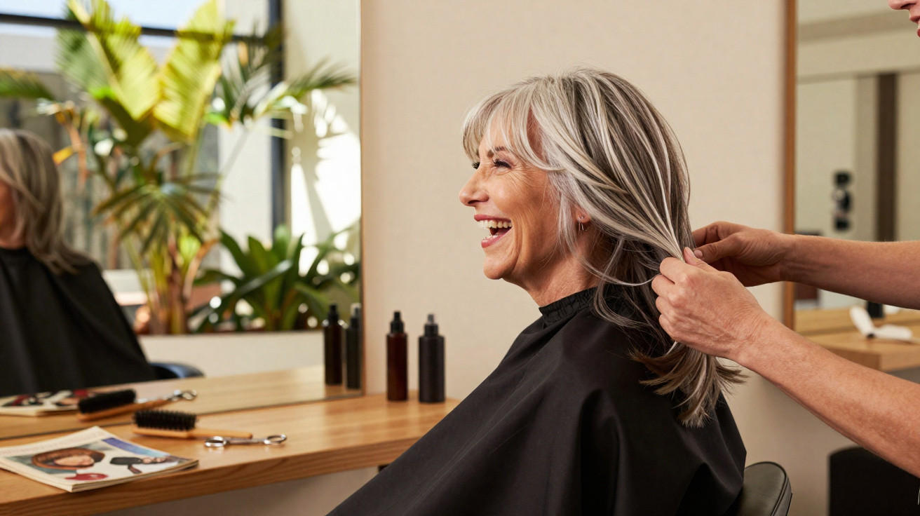 Ältere Frau mit grauen Haaren lächelt im Friseursalon, während Friseur ihr Haar stylt.