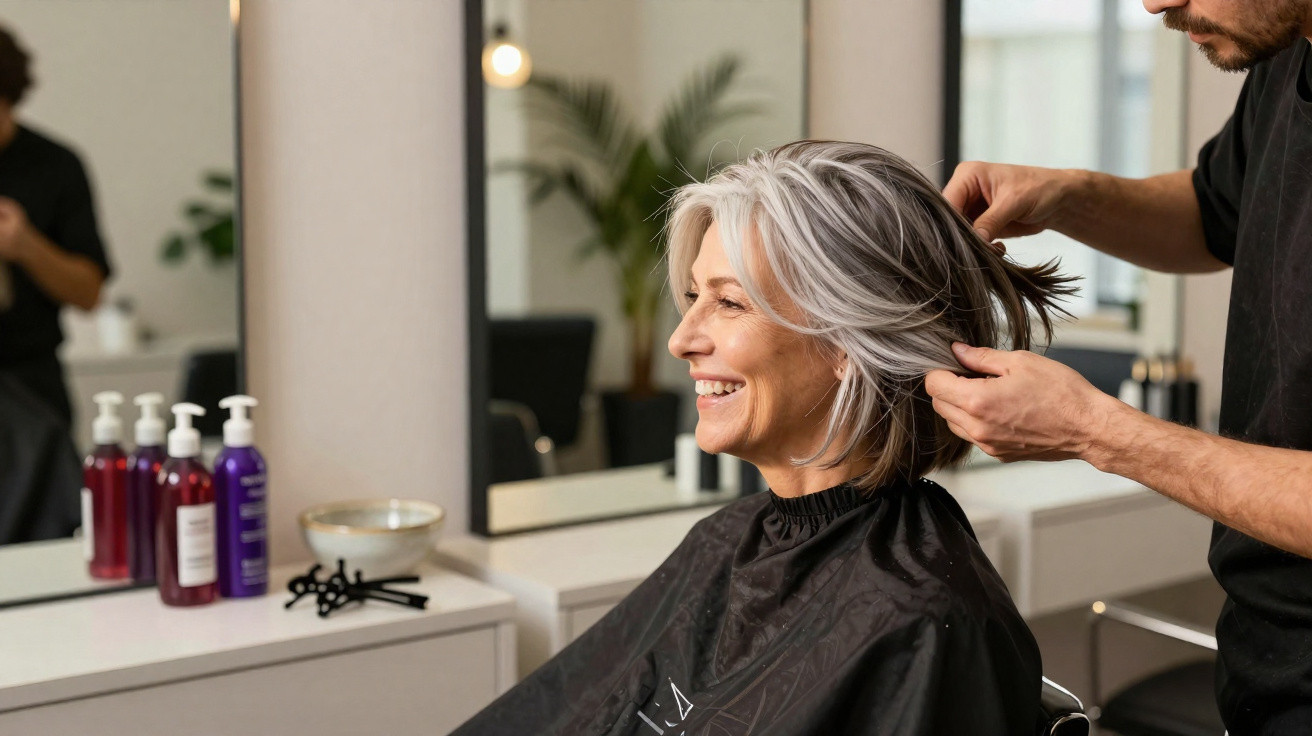Fröhliche ältere Frau bekommt im Friseursalon eine Kurzhaarfrisur geschnitten.